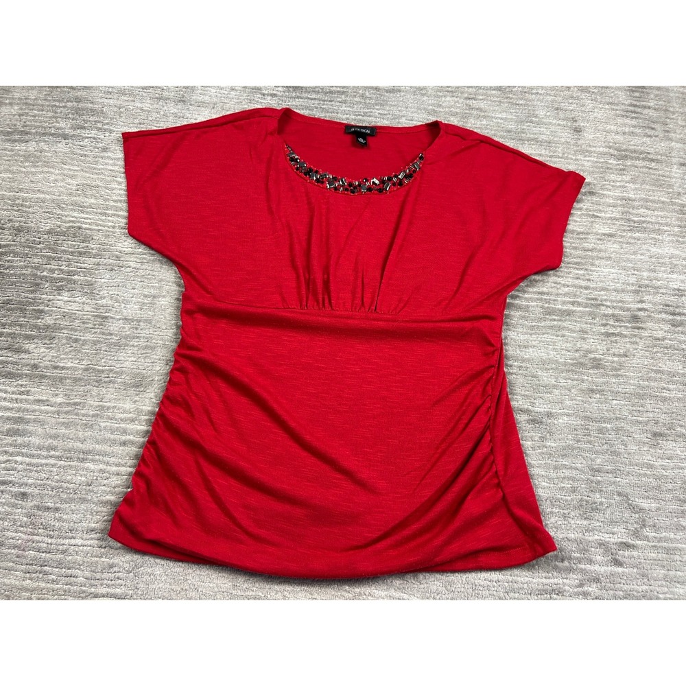 B-Design Top Women XL Red Embellished Neck Empire Waist Ruched Short Sleeve